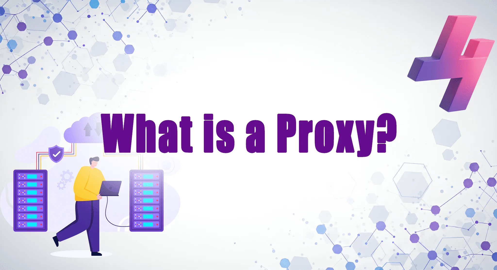 What is a proxy graphic with person holding laptop, server racks, and tech-themed background.